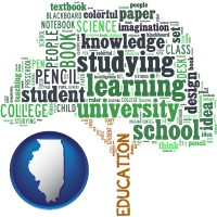 illinois map icon and education concept tags