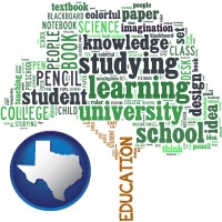 texas map icon and education concept tags